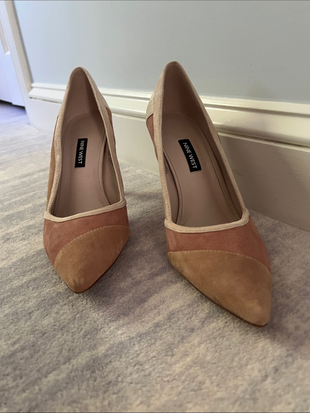 Nine West Two-Tone Blush Pink and Beige Suede Pointed-Toe Pumps